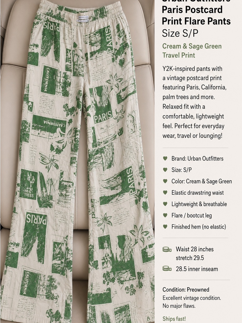Like New Urban Outfitters  sz S Cream & Sage Green Postcard Print Pants
